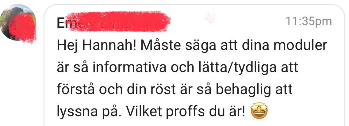 Skärmbild av omdöme från kursdeltagare 1